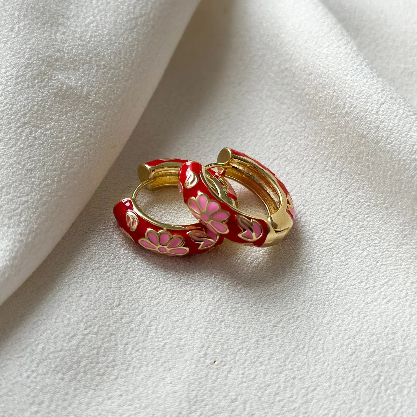 Floral Enamel Hoop Earrings - Red