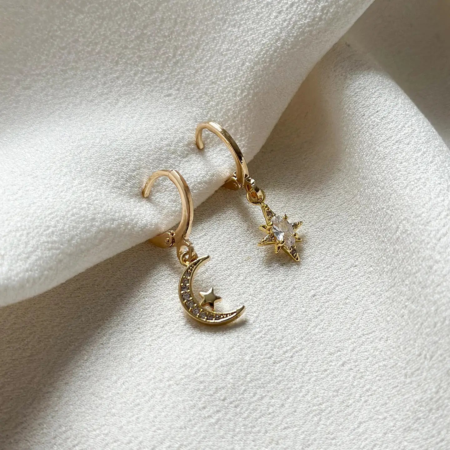 Gold Plated Cz Star & Moon Huggie Hoop Earrings