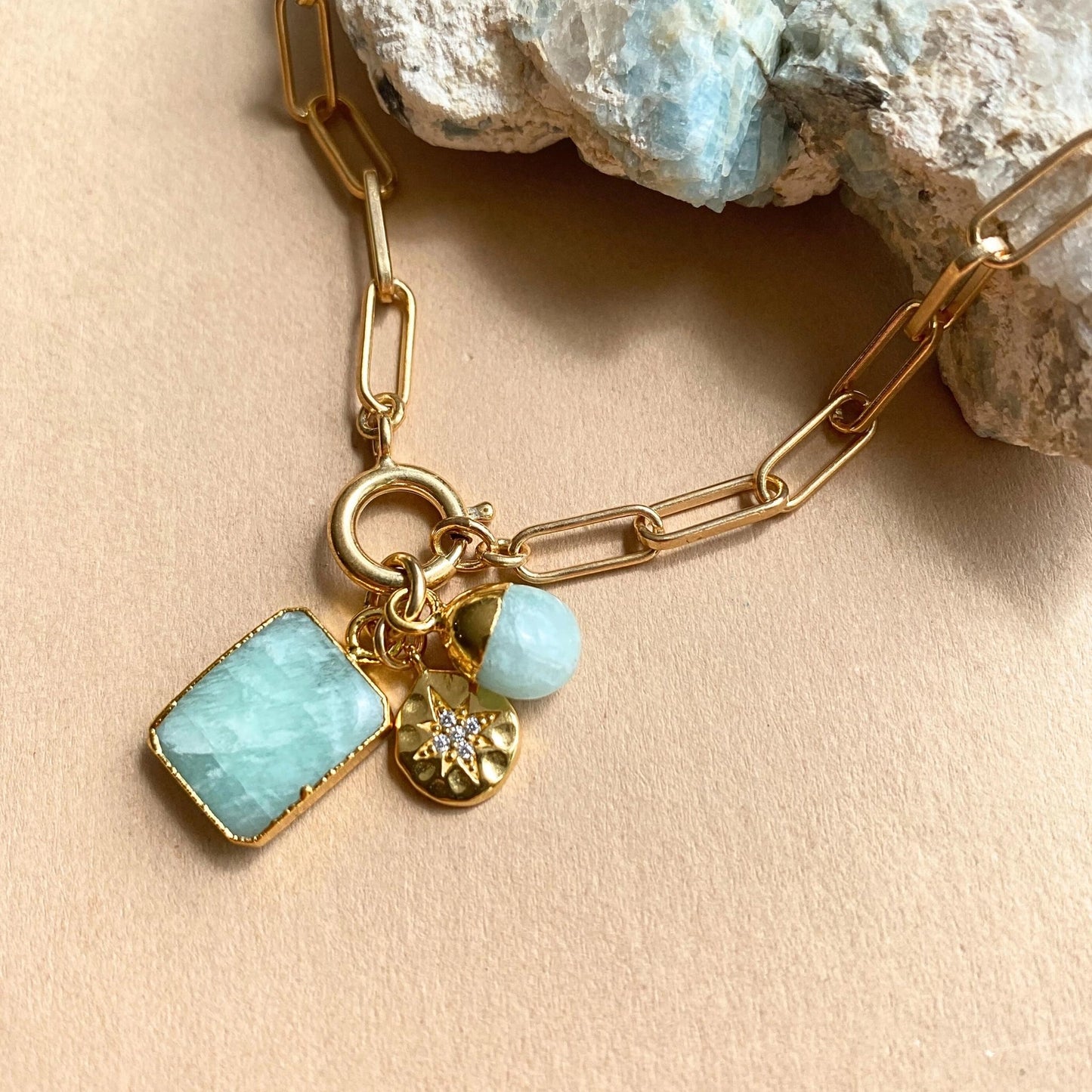 Amazonite Gem Slice Triple Necklace (Gold Plated)