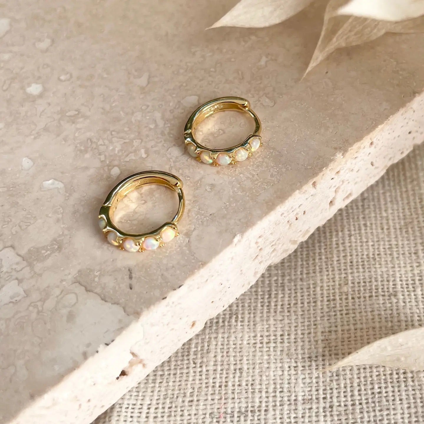 Gold Opal Huggie Hoops Earrings