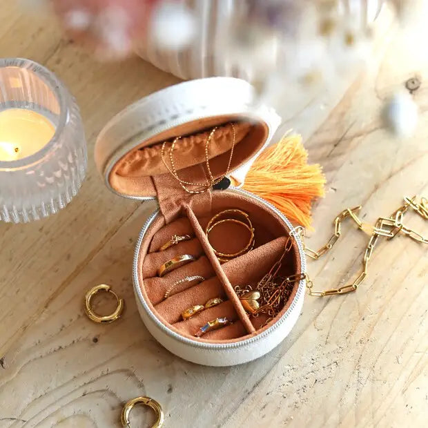 Embroidered Leaves Mini Round Linen Travel Jewellery Case