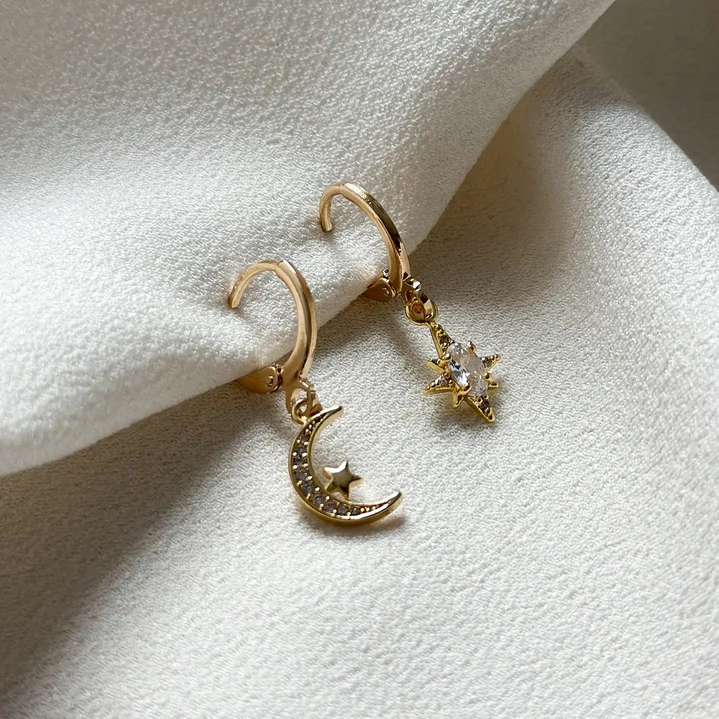 Gold Plated Cz Star & Moon Huggie Hoop Earrings