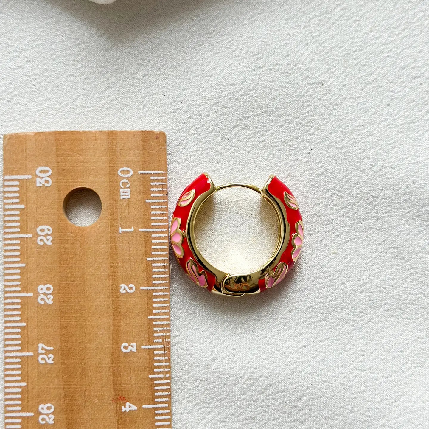 Floral Enamel Hoop Earrings - Red