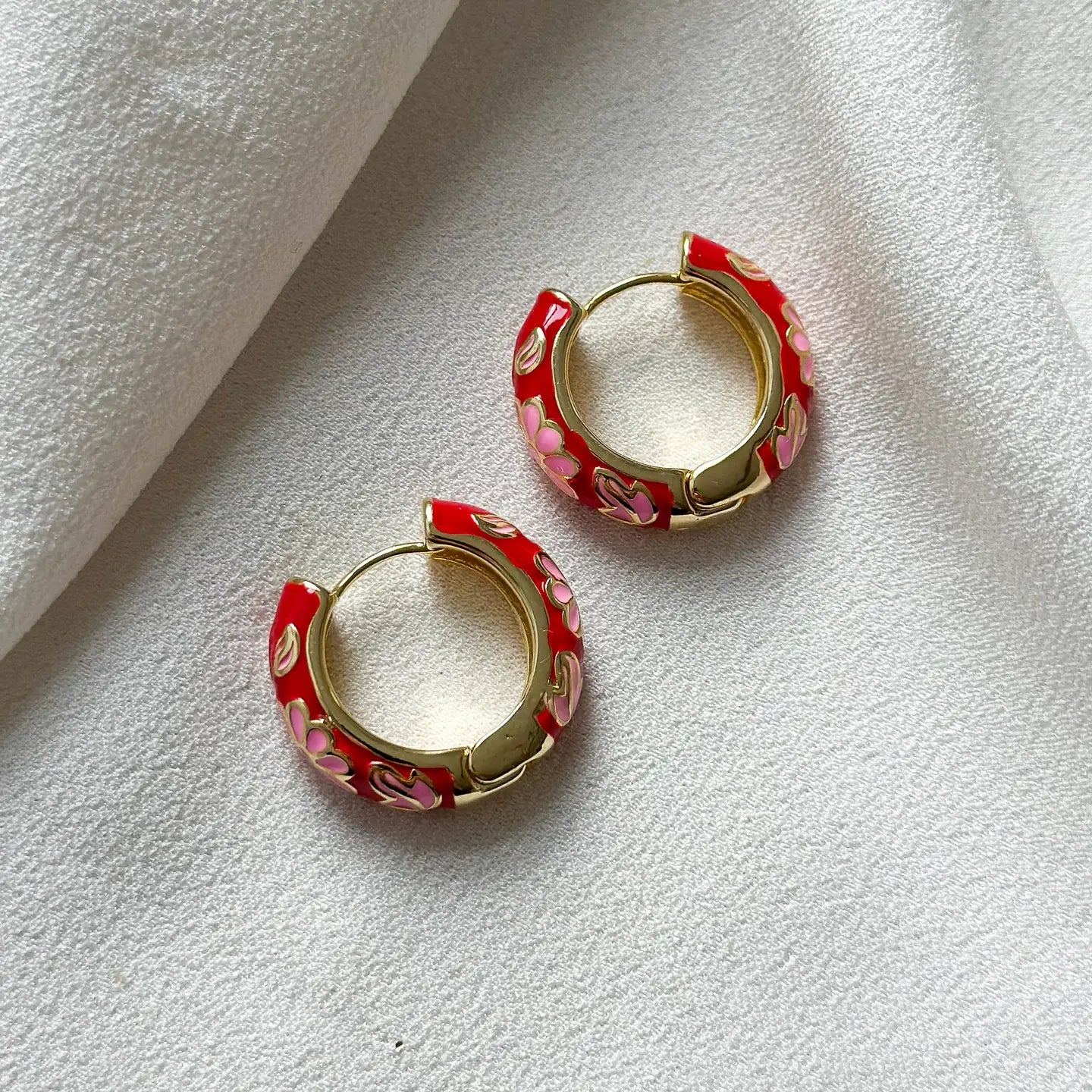 Floral Enamel Hoop Earrings - Red