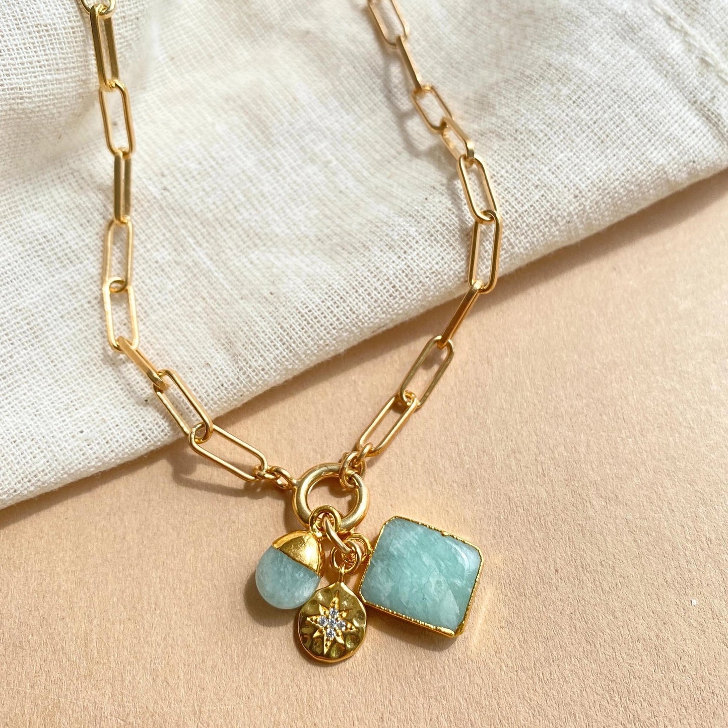Amazonite Gem Slice Triple Necklace (Gold Plated)