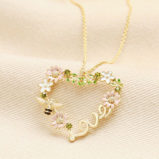 Crystal Flower and Bee 'love' Pendant Necklace in Gold