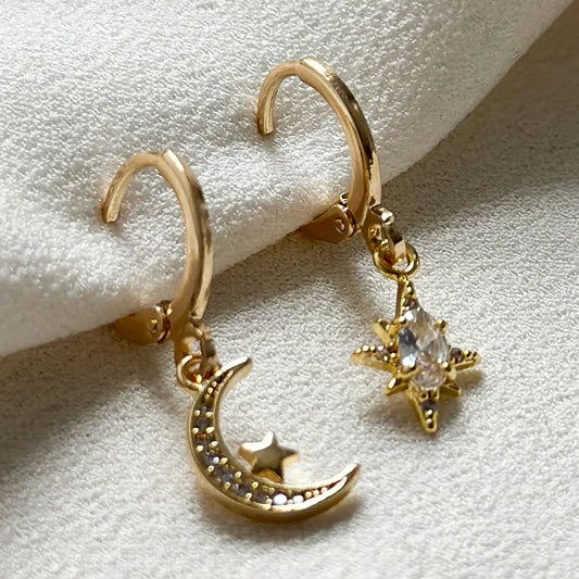 Gold Plated Cz Star & Moon Huggie Hoop Earrings