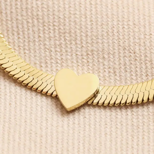 Gold Stainless Steel Heart Charm Herringbone Bracelet