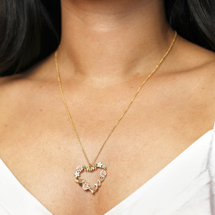Crystal Flower and Bee 'love' Pendant Necklace in Gold