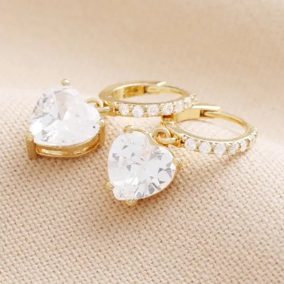 Crystal Heart Huggie Hoop Earrings in Gold
