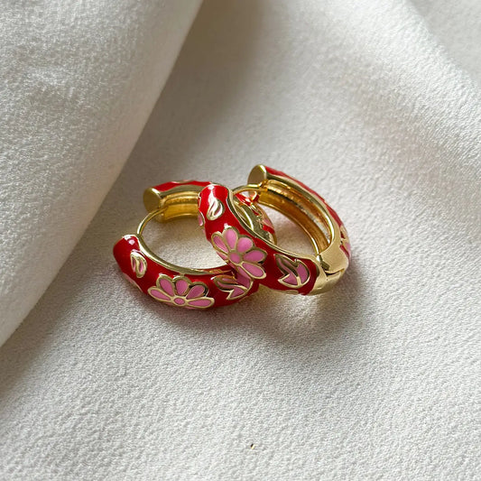 Floral Enamel Hoop Earrings - Red