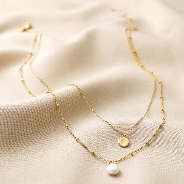 Double Pearl and Disc Necklace in Gold