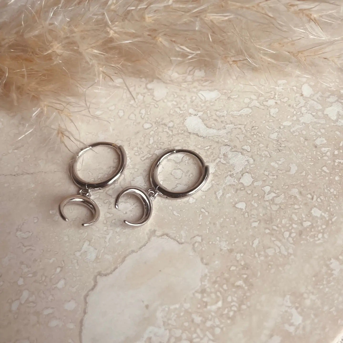 Silver Horn Crescent Hoops Earrings