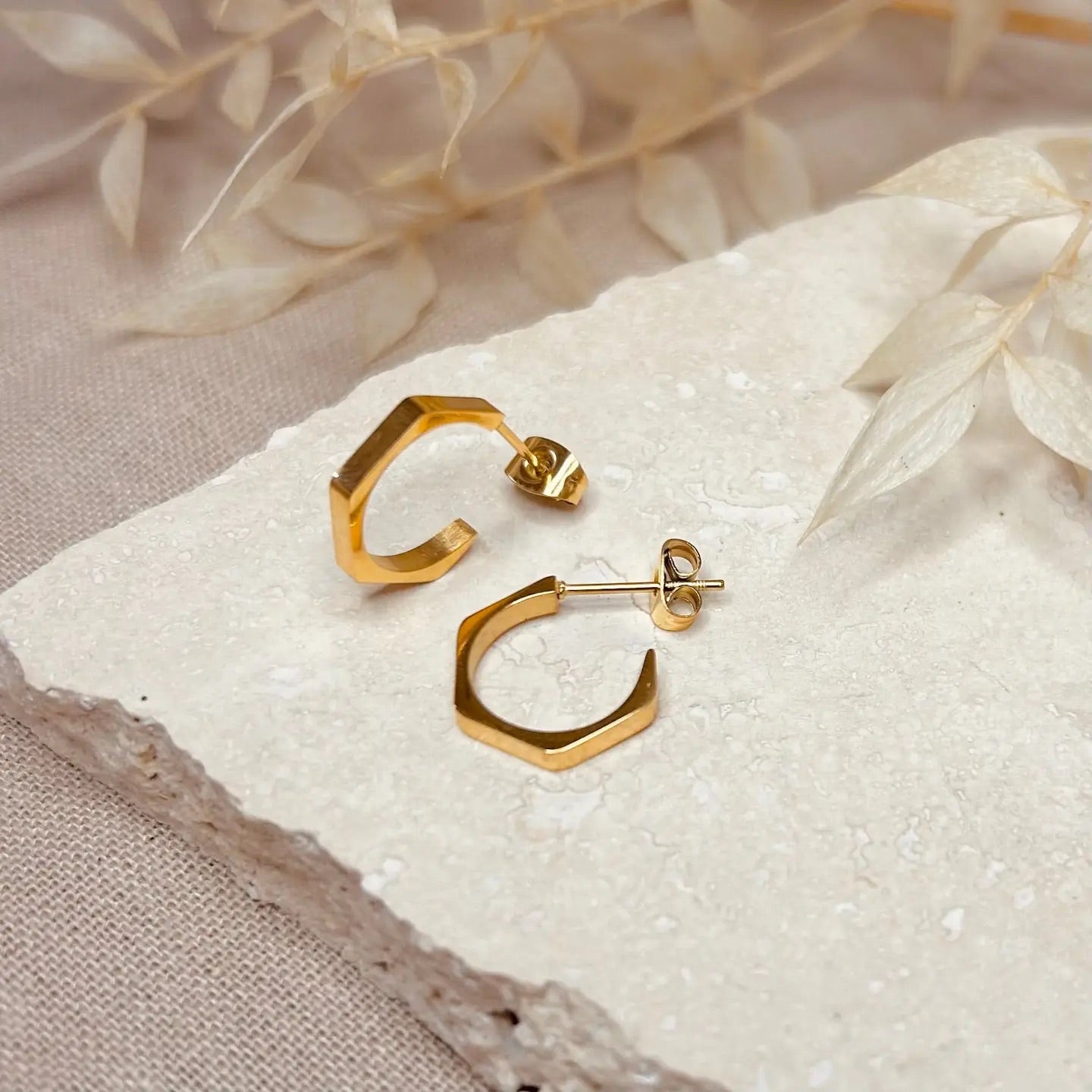 Gold Hexagon Hoops Earrings