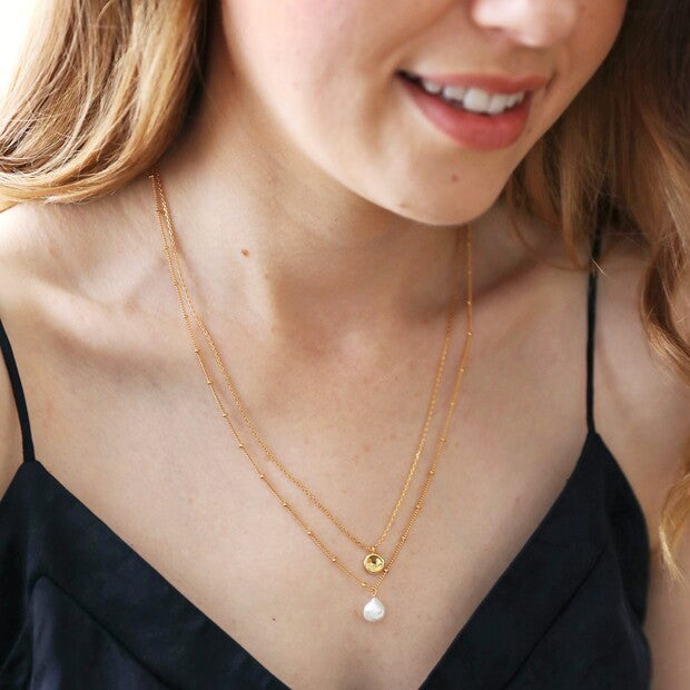 Double Pearl and Disc Necklace in Gold