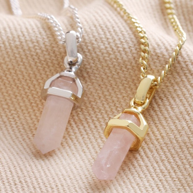 Rose Quartz Crystal Point Pendant Necklace in Silver