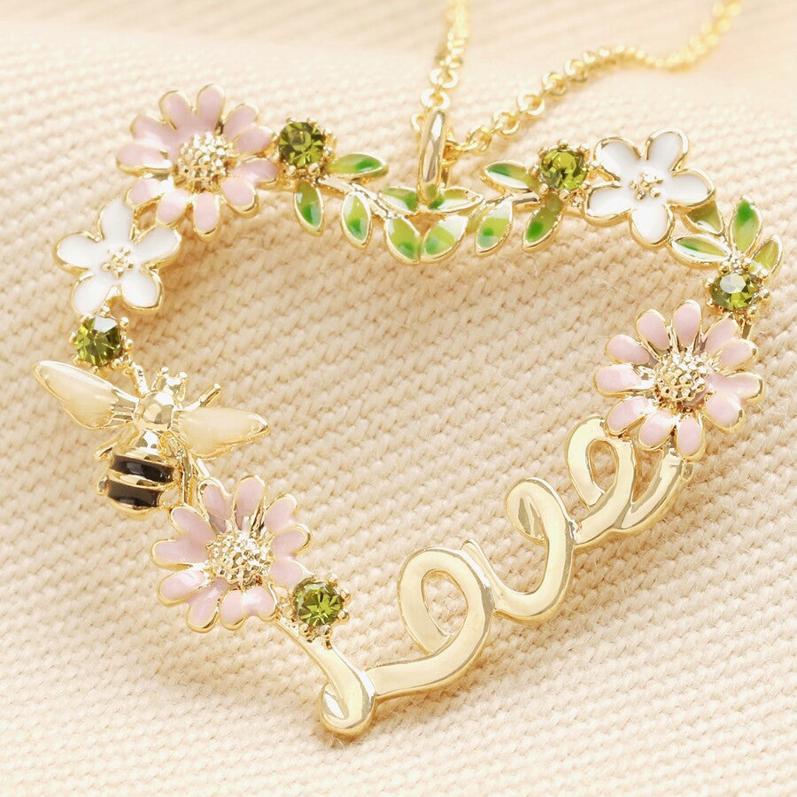 Crystal Flower and Bee 'love' Pendant Necklace in Gold