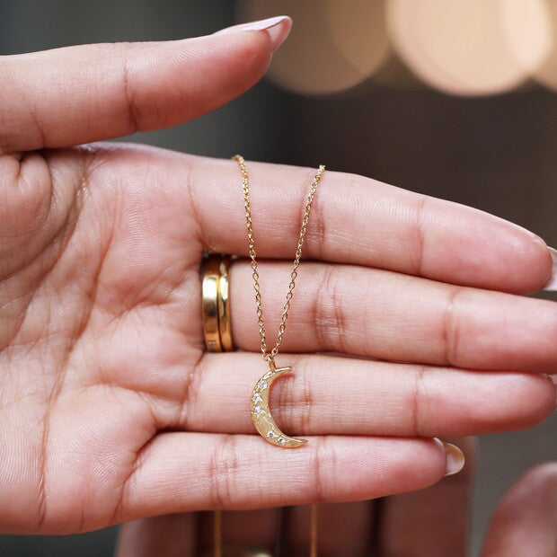 Crystal Crescent Moon Necklace in Gold